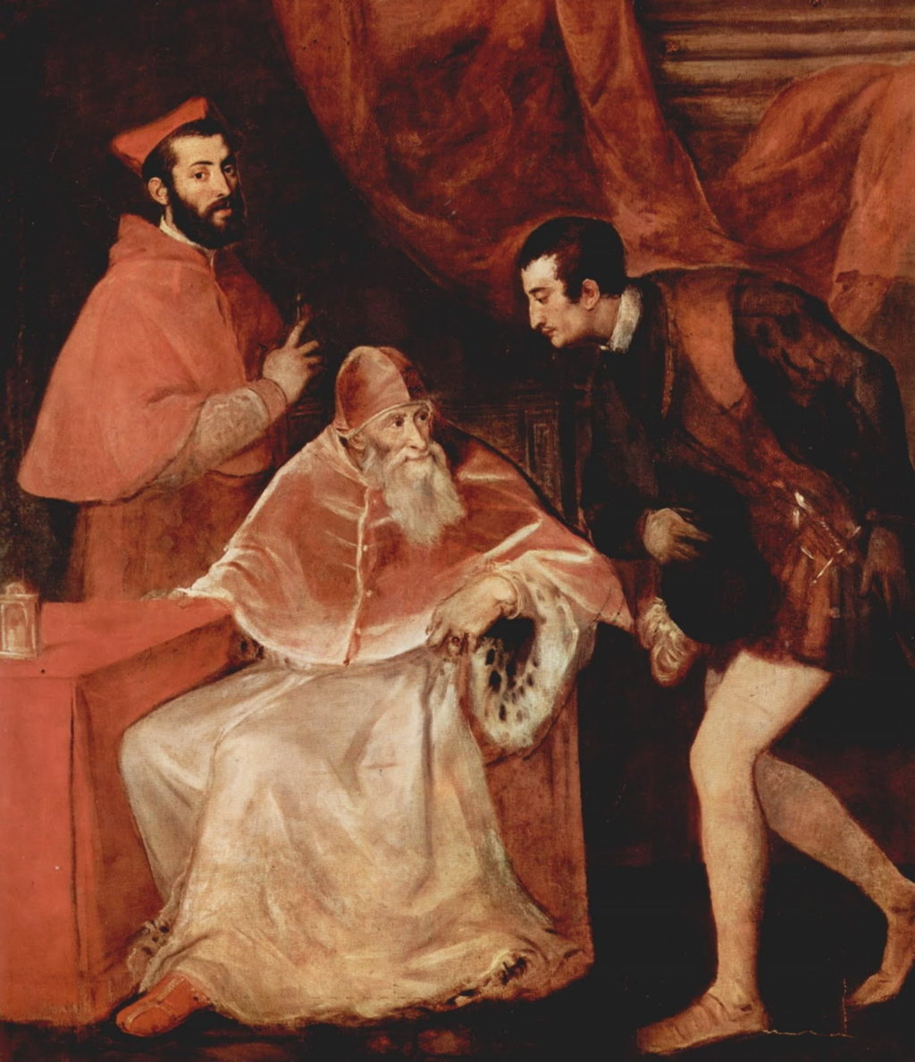 Tiziano Vecellio (1488/1490-1546), Paolo III fra i nipoti Alessandro e Ottavio Farnese, 1546, olio su tela. Napoli (Campania – Italia), Museo Nazionale di Capodimonte (Galleria Farnese)