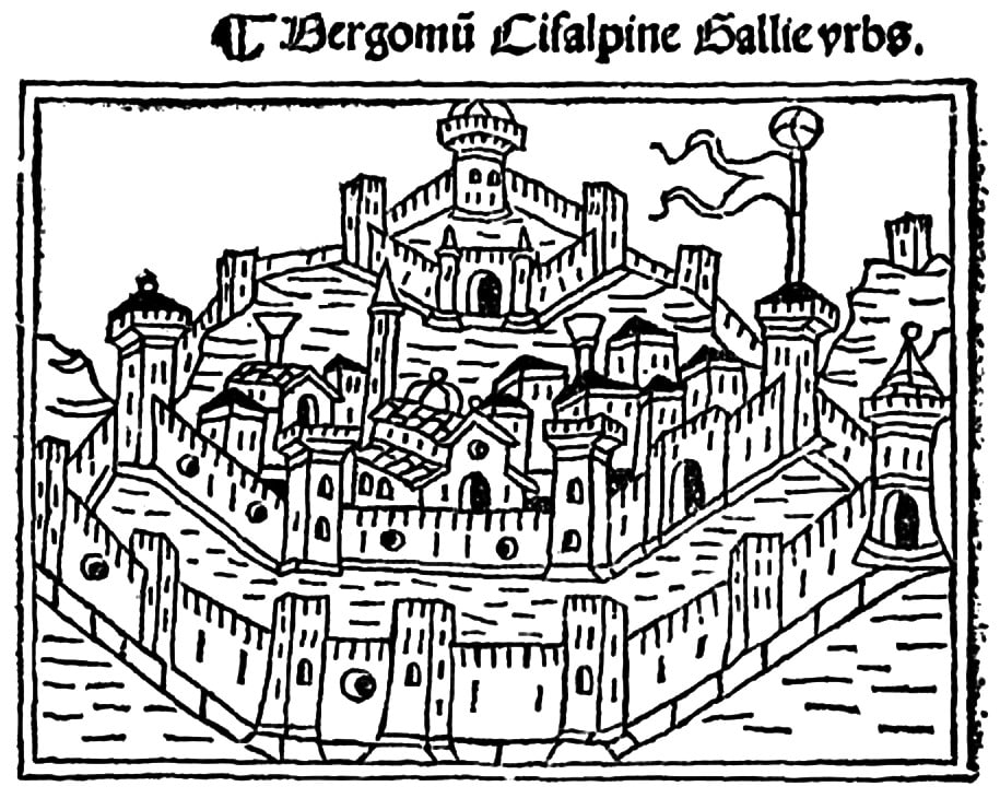 Anonimo (XV-XVI secolo), “Bergomum Cisalpine Gallie urbs”, Anni Ottanta del XV secolo, xilografia. Tratta da: Jacopo Filippo Foresti (1434-1520), “Supplementum Chronicarum Orbis ab Initio Mundi”, Bernardino Benali, Venezia 1486 (I edizione 1483), l. VI