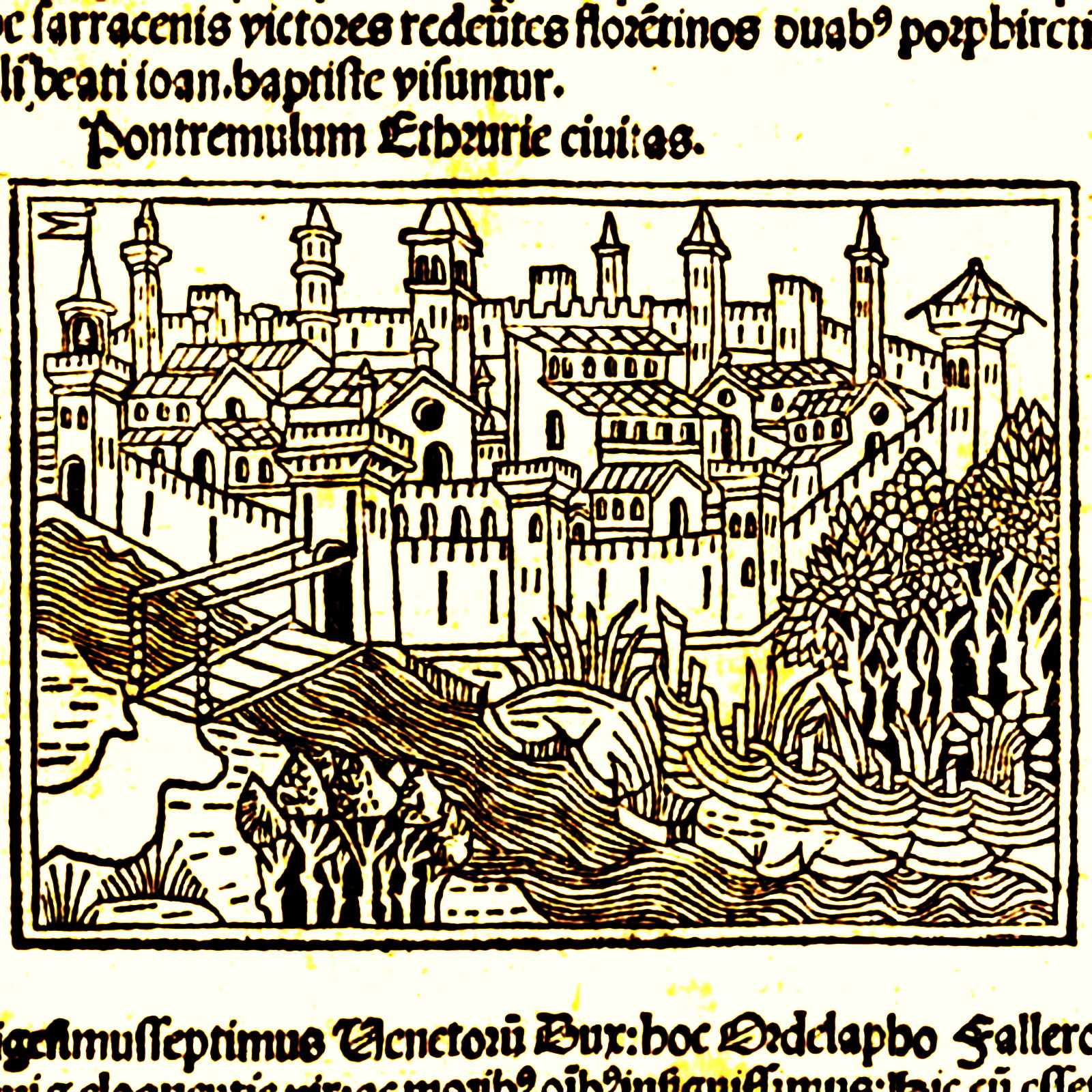 Anonimo (XV-XVI secolo), “Pontremulum Ethrurie civitas”, nono decennio del XV secolo, xilografia (immagine rielaborata). Tratta da: Jacopo Filippo Foresti (1434-1520), “Supplementum Chronicarum Orbis ab Initio Mundi”, Bernardino Ricci, Venezia 1490 (I edizione 1483), l. XII, f. 187v. Montpellier (Hérault, Occitania – Francia), Mediateca Centrale «Émile Zola», C1501