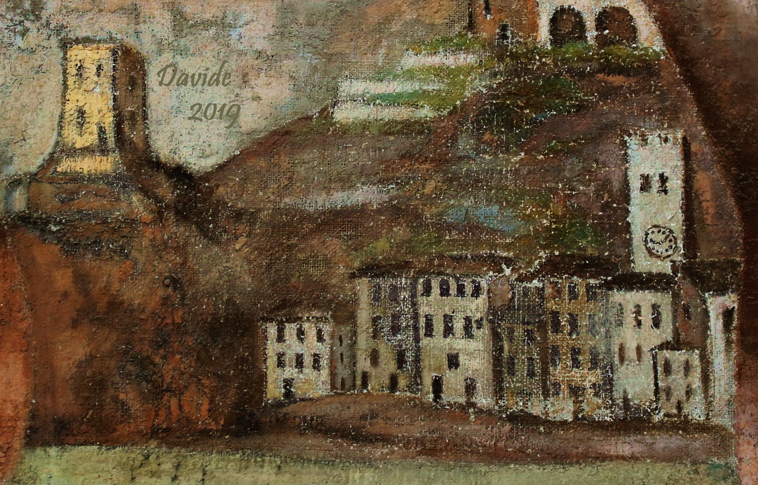 Anonimo (XVII secolo), “San Cristoforo”, XVII secolo, olio su tela (particolare raffigurante il panorama del borgo di Monterosso). Monterosso al Mare (La Spezia, Liguria – Cinque Terre, Italia), Cimitero Comunale (Cappella). Davide Tansini. 2019. Fotografia digitale