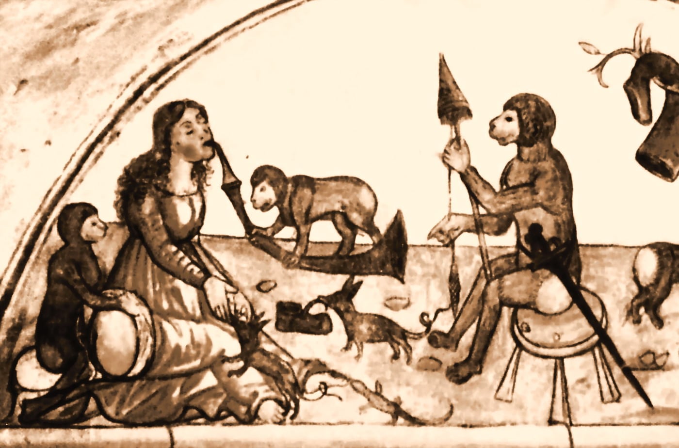 Anonimo (XV secolo?), “Scena con dama e animali”, XV secolo (?), affresco (particolare rielaborato). Brescia (Lombardia – Italia). Sala delle Scimmie