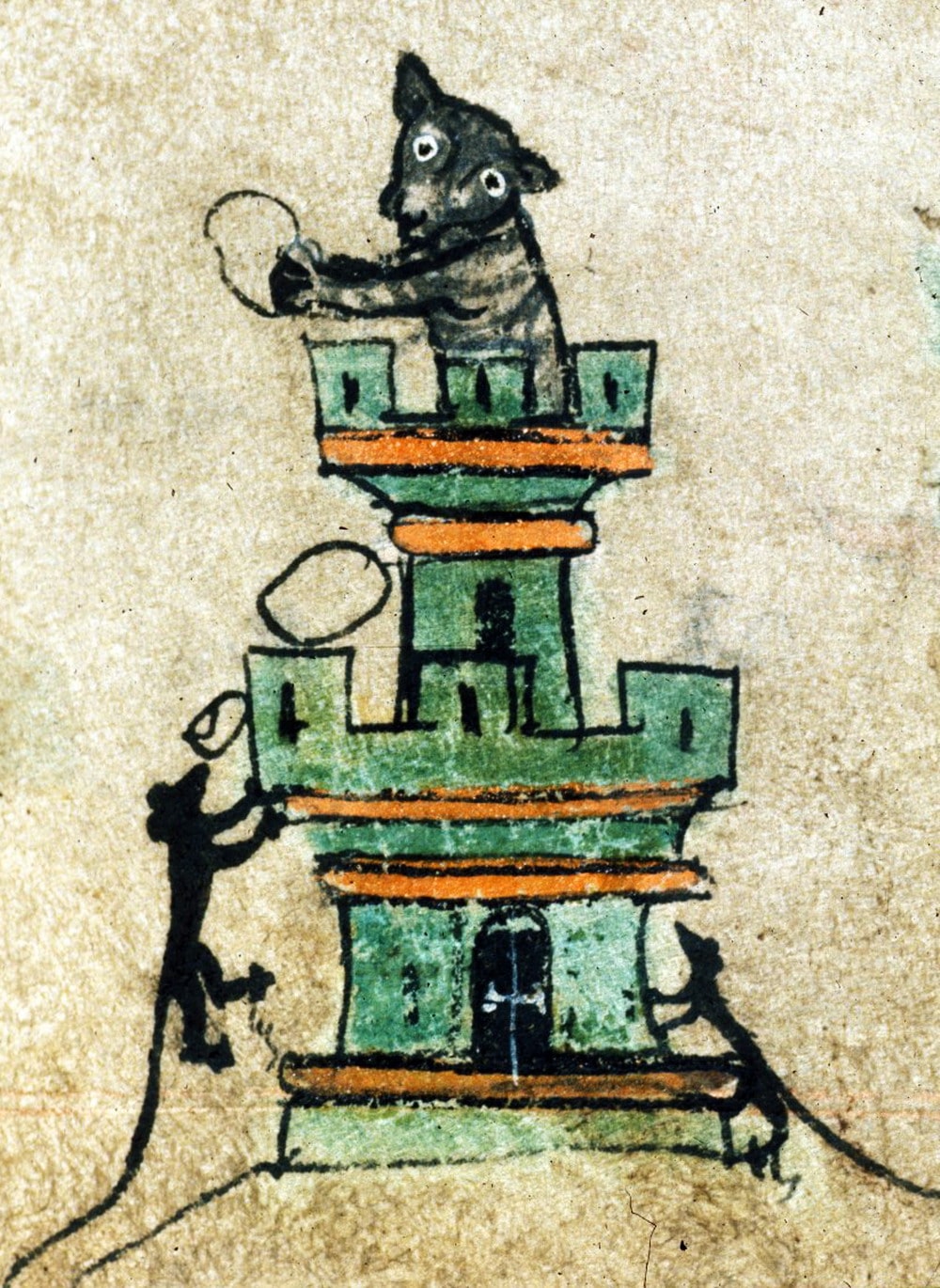 Anonimo (seconda metà del XIII secolo-prima metà del XIV secolo), “Topi che assediano un castello difeso da un gatto”, 1320/1330, miniatura (particolare). Tratto da: “Book of Hours” (codice Harley 6563), f. 72v. Londra (Inghilterra – Regno Unito di Gran Bretagna e Irlanda del Nord), British Library
