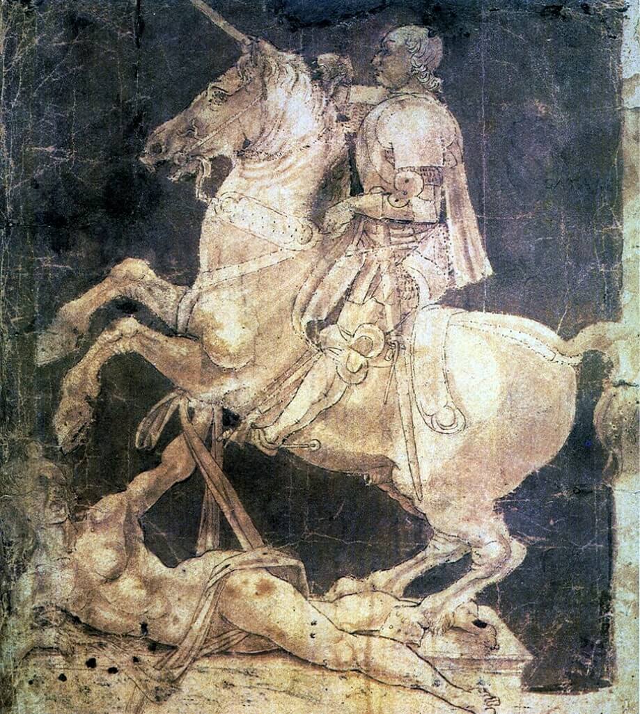 Antonio Benci detto del Pollaiolo (1431 circa-1498). Studio per un monumento equestre a Francesco Sforza. Inchiostro e lumeggiature su carta. 1482-1483. New York (USA), Metropolitan Museum of Art