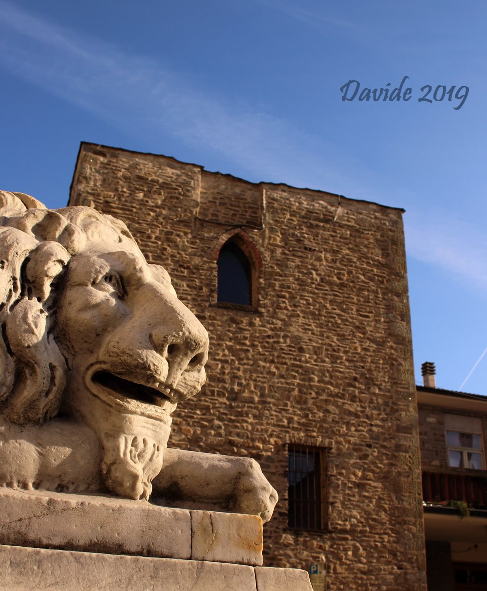 Borgo Val di Taro (Parma, Emilia-Romagna – Valtaro, Italia). Leone della Chiesa di Sant’Antonino e torre del Castello. Davide Tansini. 2019. Fotografia digitale