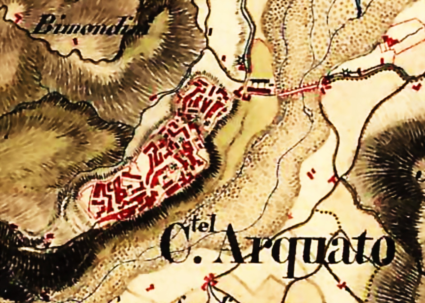 Castell’Arquato, Anni Dieci-Venti del XIX secolo. “Lombardei, Venedig, Parma, Modena”, 1818-1829, inchiostro e acquerello su carta (particolare rielaborato). Vienna (Austria), Österreichisches Staatsarchiv, Kriegsarchiv, Kartensammlung, B VII A 48