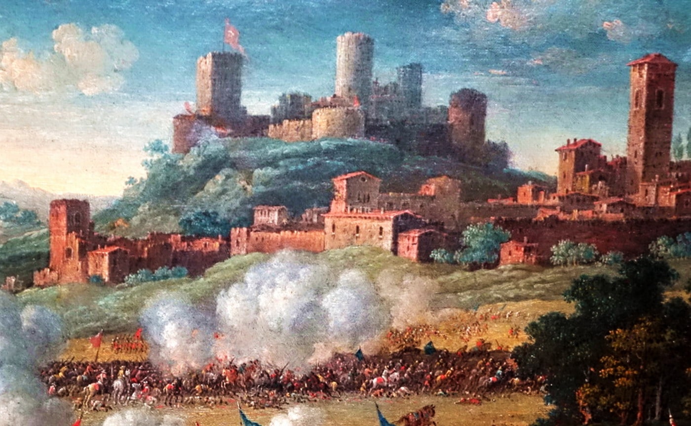 Charles-Léopold van Grevenbroeck (ante 1715-1758/1759), “L’assedio di Tortona”, olio su tela, 1745 (particolare raffigurante il Castello di Tortona). Milano (Lombardia – Italia), collezione privata