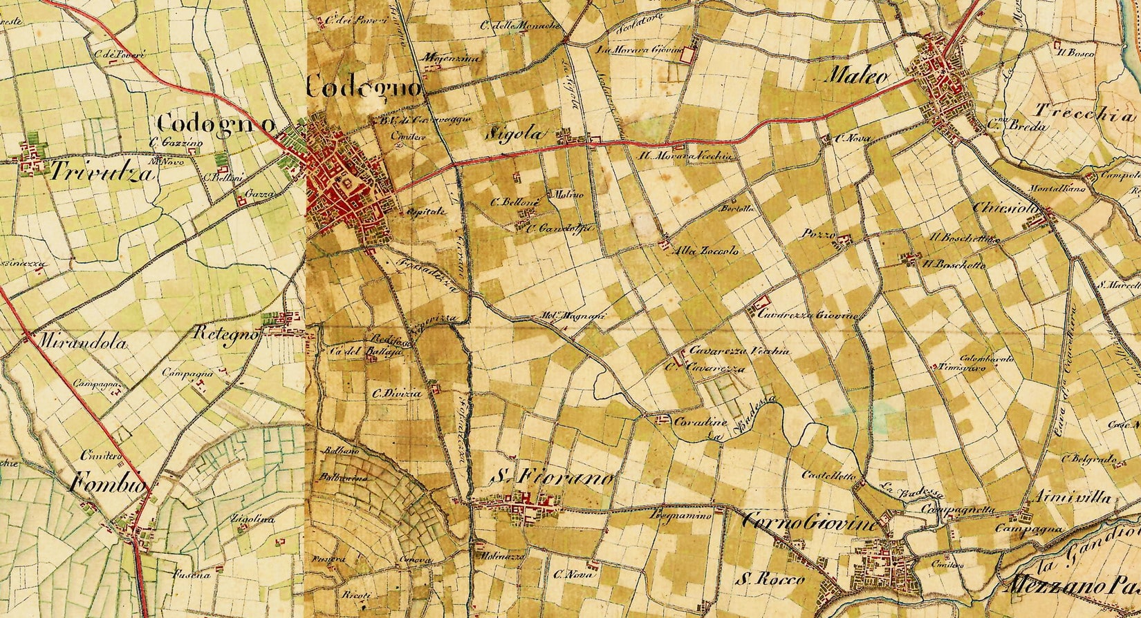 Codogno, Corno Giovine, Fombio, San Fiorano, Maleo, Anni Dieci-Venti del XIX secolo. “Lombardei, Venedig, Parma, Modena”, 1818-1829, inchiostro e acquerello su carta (particolare). Vienna (Austria), Österreichisches Staatsarchiv