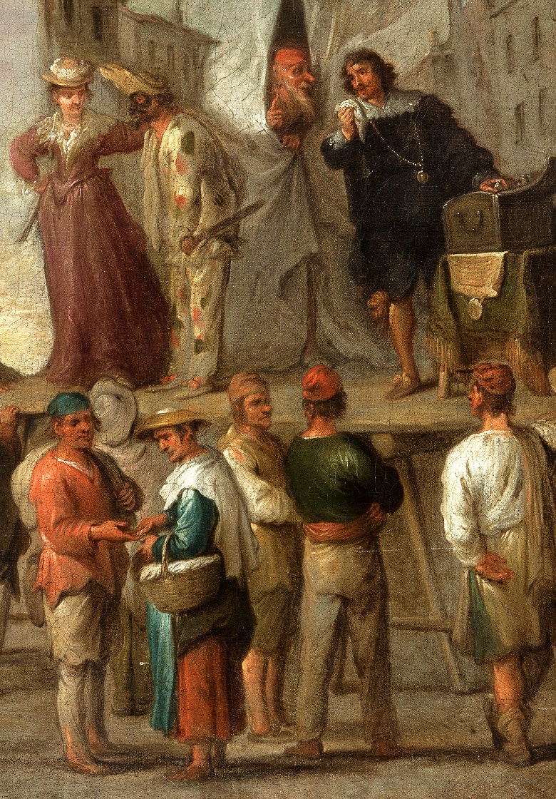 Cornelis De Wael (1592-1667), “Spettacolo di comici girovaghi”, XVII secolo, olio su tela (particolare). Genova (Liguria – Italia), collezione privata