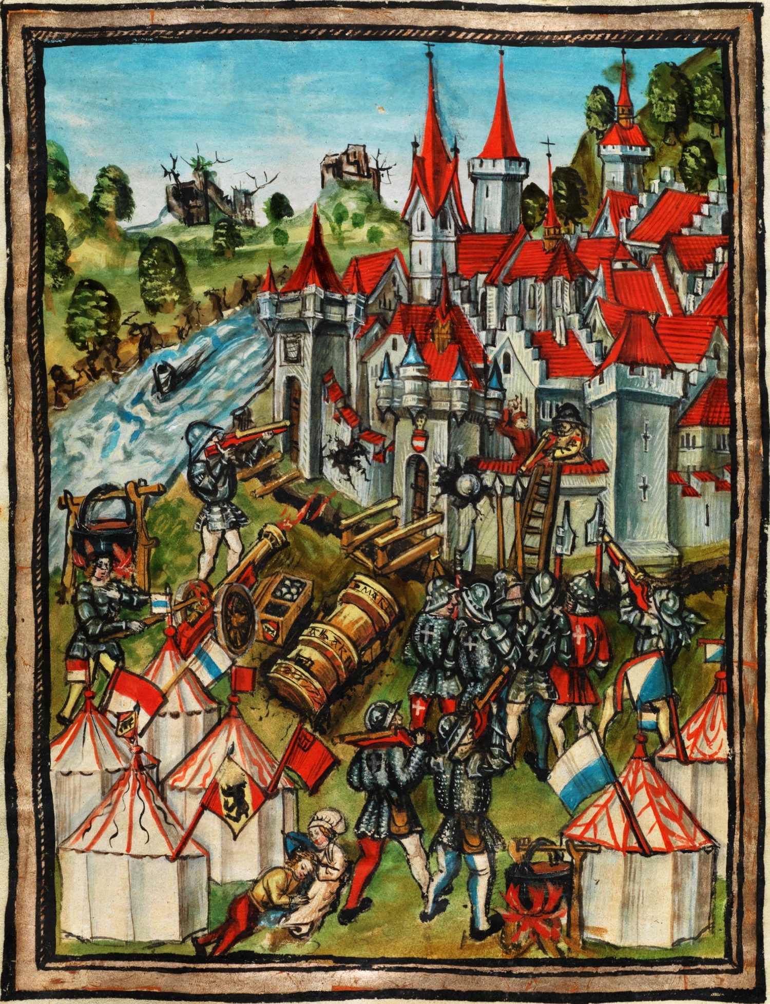Attribuito a Diebold Schilling il Giovane (1460 c.a-1515?), “Guerra di Waldshut: sulla via del ritorno dal Sundgau, i Confederati svizzeri bombardarono la città di Waldshut” (1468) (“Waldshuterkrieg: Auf dem Heimweg aus dem Sundgau beschiessen die Eidgenossen das Städtchen Waldshut”), 1511-1513, miniatura. Tratta da: Diebold Schilling il Giovane, “Die Luzerner Chronik”, 1511-1513, Korporation Luzern, ms. S 23, f. 153