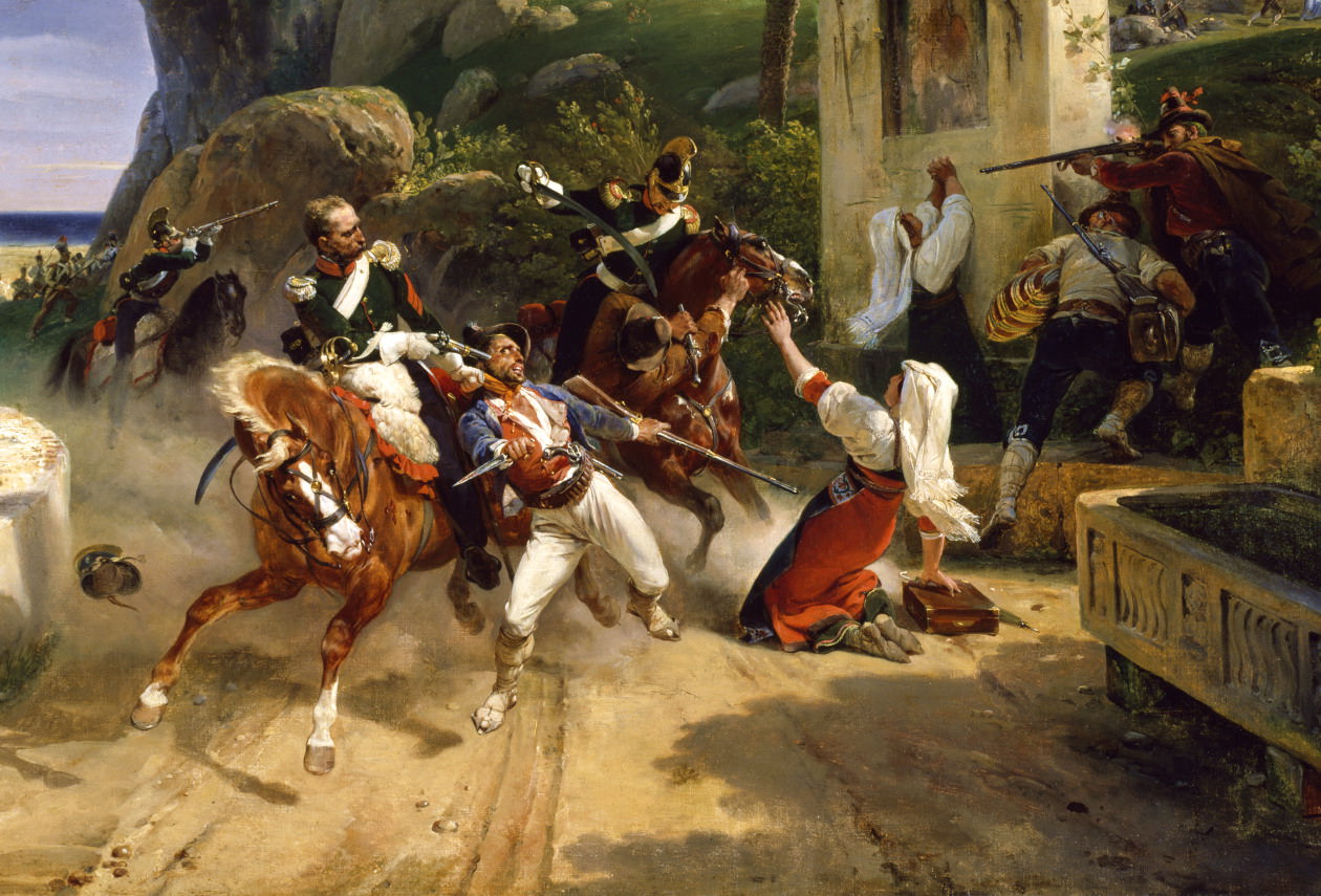 Émile Jean Horace Vernet (1789-1863), “Briganti italiani sorpresi dalle truppe pontificie”, 1831, olio su tela (particolare). Baltimora (Maryland – USA), Walters Art Museum