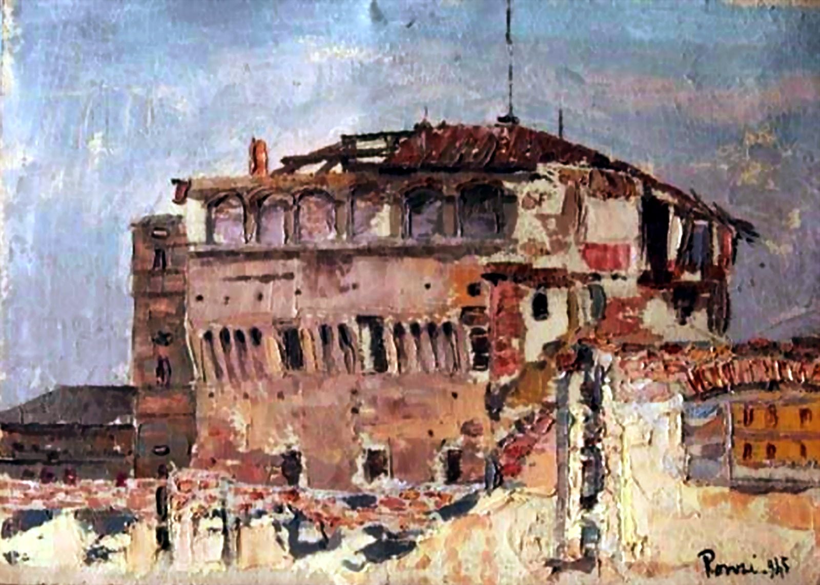 Ettore Ponzi (1908-1992), “La Rocca di fidenza bombardata”, 1945, olio su tavola (immagine rielaborata)