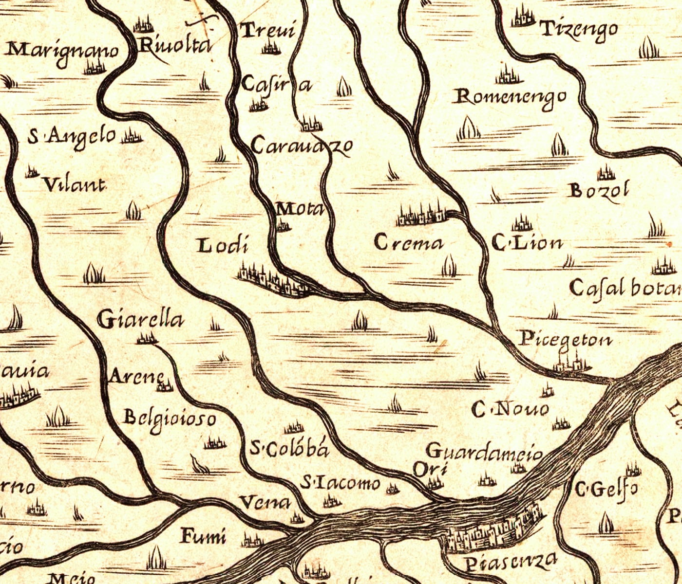 Fernando (o Ferando) Bertelli (XVI secolo), “Le vera et ultima discrittione dilla Lombardia, et da molti erori coreta”, Anni Sessanta del XVI secolo, incisione (particolare rielaborato raffigurante il Lodigiano e il Cremasco). Pubblicata da: Fernando (o Ferando) Bertelli, Venezia 1563/1565