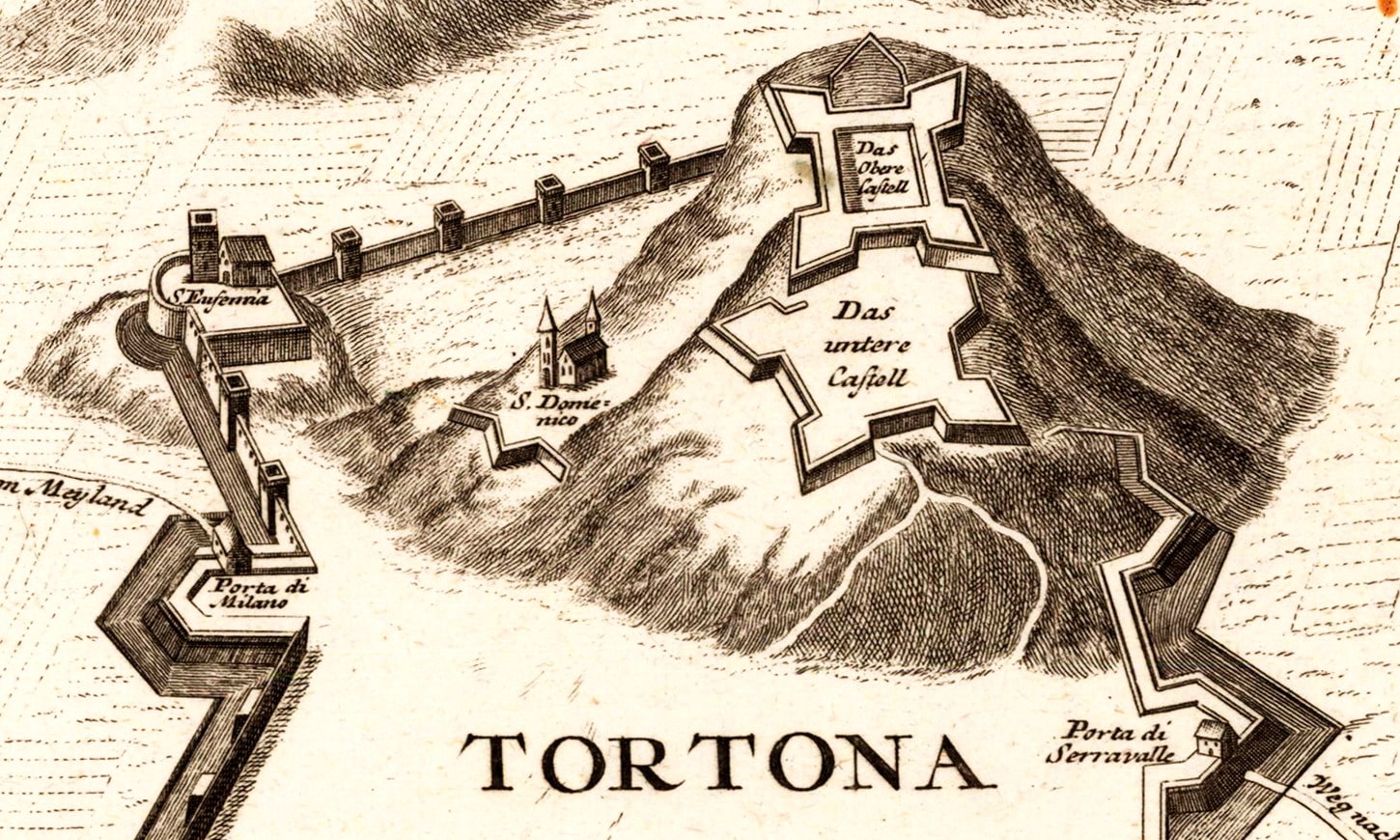 Gabriel Bodenehr il Vecchio (1664-1758), “Tortona Stadt am Fluss Scrivia, im Hertzogthum Meyland, in Italien, nebst einem Bischoffthum, unter den Erz Bischoff zu Meyland gehörig, und 3. deutsche Meile von Alessandria gelegen ward 1706 durch den Erb-Prinz von Hassen Cassel er obert”, Anni Dieci-Venti del XVIII secolo, incisione su rame (particolare raffigurante il Castello di Tortona). Pubblicata da: Gabriel Bodenehr il Vecchio, Augusta 1725 c.a