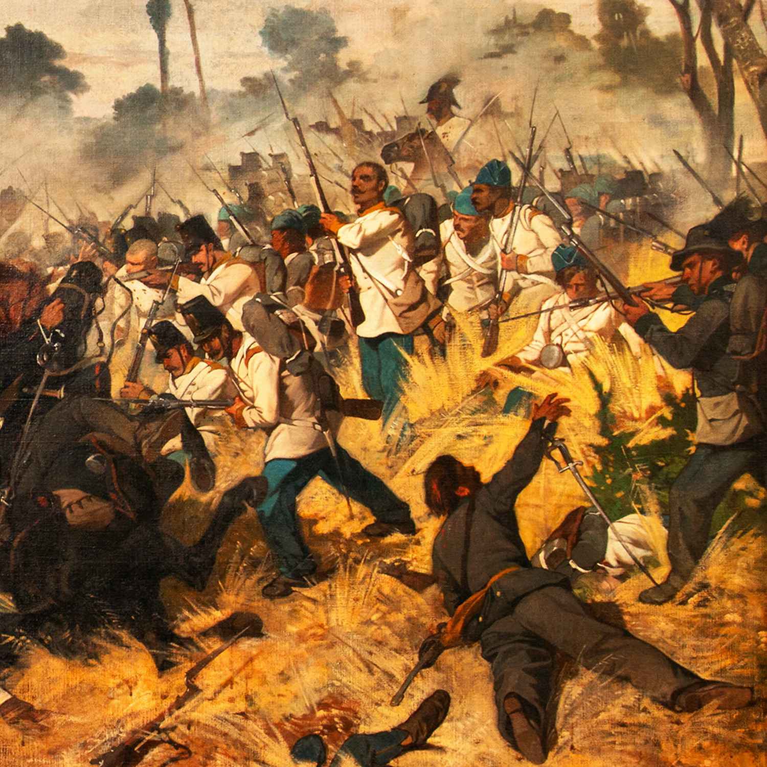 Giovanni Fattori (1825-1908), “Un episodio della battaglia di Montebello 1859” (noto anche come “Carica di cavalleria a Montebello” o “Fatto d’arme a Montebello”), 1862, olio su tela (particolare rielaborato raffigurante la scena della carica del Reggimento «Cavalleggeri di Monferrato» contro la fanteria austriaca durante lo scontro militare presso l’odierna Montebello della Battaglia, nel territorio di Pavia). Livorno (Toscana – Italia), Museo Civico «Giovanni Fattori»