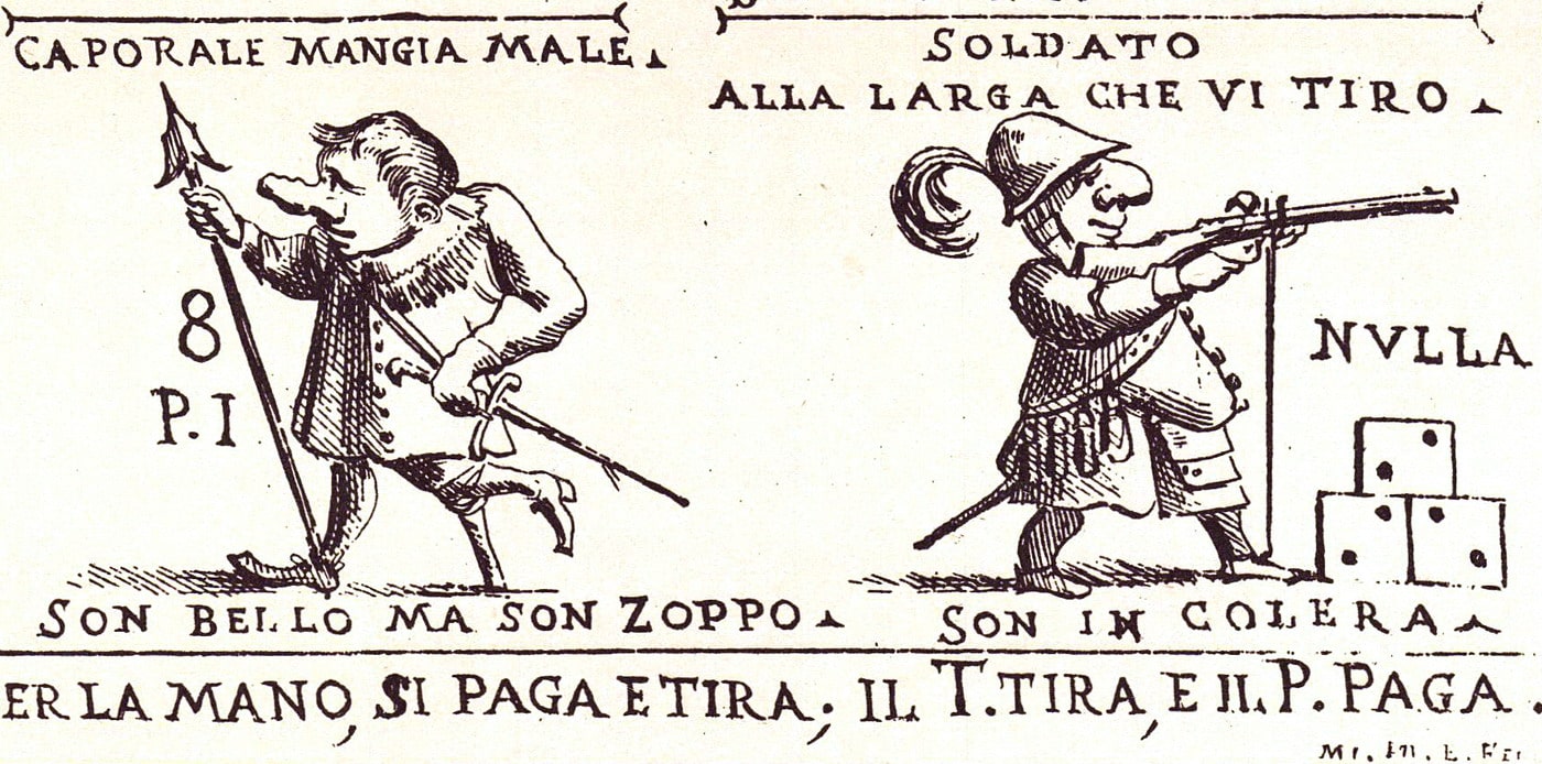 Giuseppe Maria Stanzani (detto Mitelli, 1634-1718), “Gioco de’ signori Soldati Spiantamondo, con le sue cariche e sopranomi. 1692”, 1692, acquaforte (particolare). Pubblicata da: Giuseppe Maria Mitelli, Bologna 1692. Londra (Grande Londra, Inghilterra – Regno Unito di Gran Bretagna e Irlanda del Nord), British Museum Library