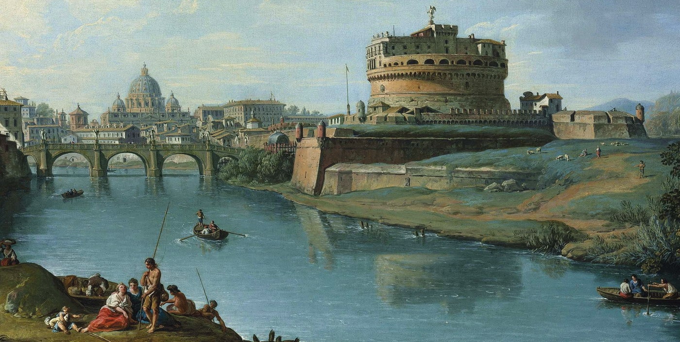 Giuseppe Zocchi (1711-1767), “Il fiume Tevere a Roma, guardando verso Castel Sant’Angelo, con la Basilica di San Pietro sullo sfondo”, quinta/settima decade del XVIII secolo, olio su tela (particolare). Londra (Regno Unito), collezione privata