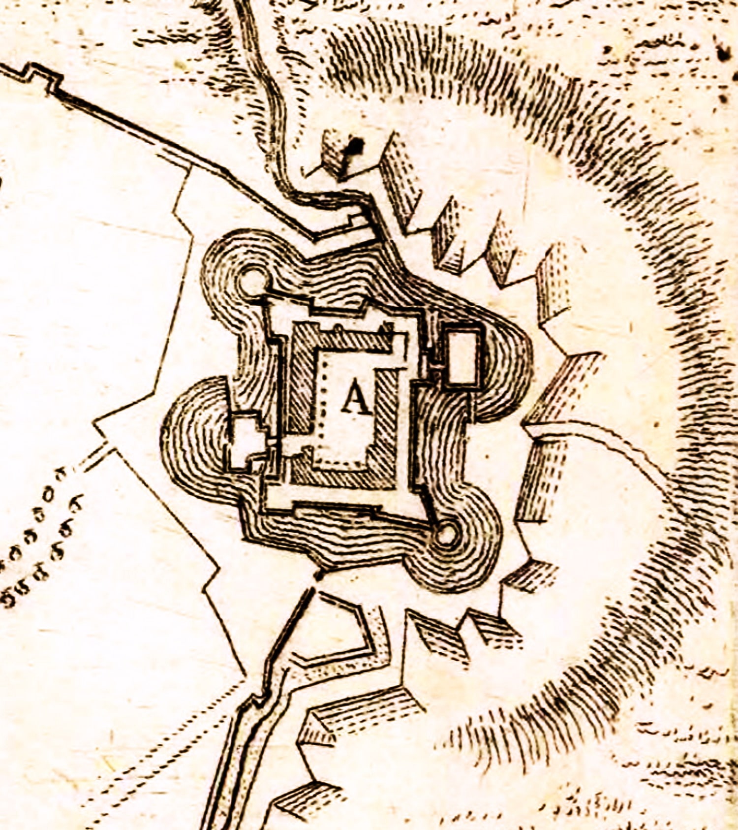 Jean Reycent (XVII-XVIII secolo), “Mappa di Cremona – Plan de Crémone”, prima metà del XVIII secolo, incisione (particolare rielaborato raffigurante il Castello di Santa Croce). Pubblicata da: Jean Reycent, Milano XVIII secolo. Parigi (Île-de-France – Francia), Biblioteca Nazionale di Francia (Bibliothèque nationale de France), Département Cartes et plans