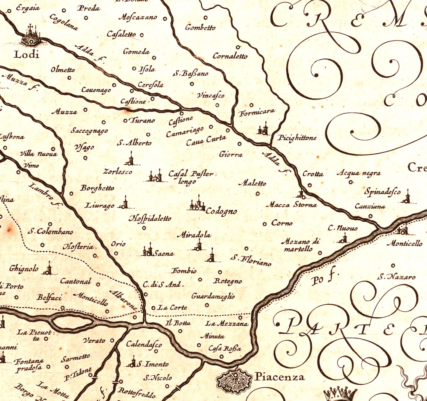 Joan Blaeu (1596-1673), “Territorio di Pavia, Lodi, Novarra, Tortona, Alessandria et altri vicini dello Stato di Milano”, quarto decennio del XVII secolo, incisione (particolare rielaborato raffigurante il basso Lodigiano). Tratto da: Willem Jansz Blaeu (1571-1638) e Joan Blaeu, “Theatrum Orbis Terrarum, sive Atlas Novus”, Joan Blaeu, Amsterdam 1635-1655, vol. III (1640)