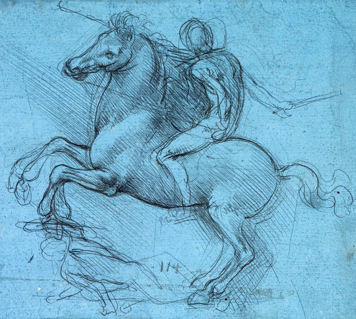 Leonardo di ser Piero da Vinci (1452-1519), “Nudo a cavallo che irrompe verso sinistra, calpestando un nemico prostrato” (probabile studio per il “Monumento equestre a Francesco Sforza”, 1489/1493, punta d’argento su carta (particolare). Londra (Regno Unito di Gran Bretagna e Irlanda del Nord), Buckingham Palace, Royal Library