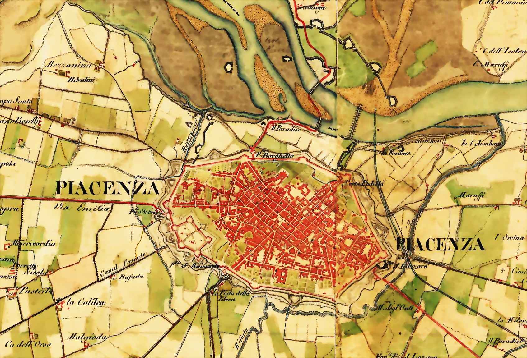 “Lombardia, Venezia, Parma, Modena” [“Lombardei, Venedig, Parma, Modena”], 1818-1829, inchiostro e acquerello su carta (particolare rielaborato raffigurante la città di Piacenza). Vienna (Austria), Österreichisches Staatsarchiv