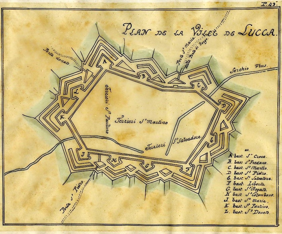 Lucca, XVIII-XIX secolo. “Plan de la Ville de Lucca”. Firenze (Toscana – Italia), collezione privata