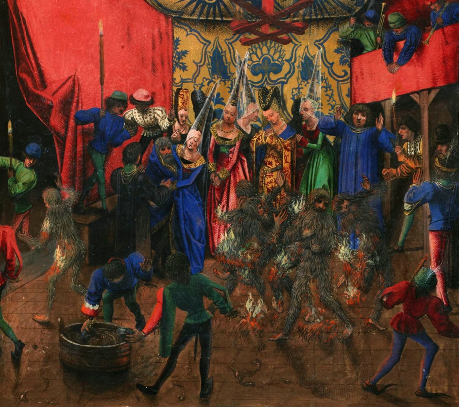 Maestro di Antonio di Borgogna (Maître d’Antoine de Bourgogne, XV secolo), “Ballo degli Ardenti (1393)” (“Bal des Ardents”), Anni ’70 del XV secolo, miniatura. Tratta da: Jean Froissart, “Chroniques”, XIV secolo (testimone degli Anni ’90 del XV secolo), Parigi (Île-de-France – Francia), Bibliothèque Nationale de France, ms. 2646