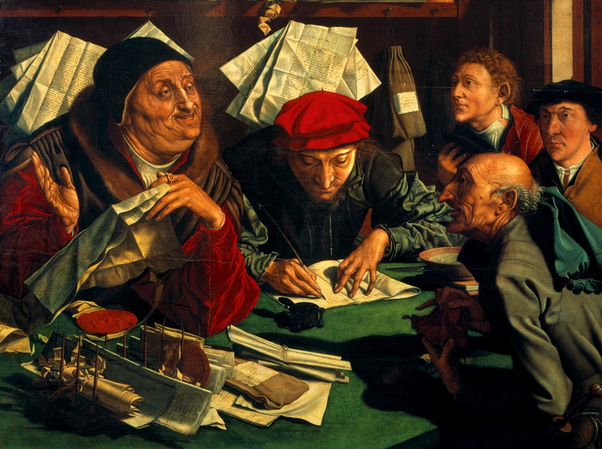 Marinus Claeszoon van Reymerswaele (o Reymerswale, 1490 c.a-post 1567), “Lo studio dell’avvocato”, 1542, olio su tela (particolare). Monaco (Alta Baviera, Baviera – Germania), Alte Pinakothek