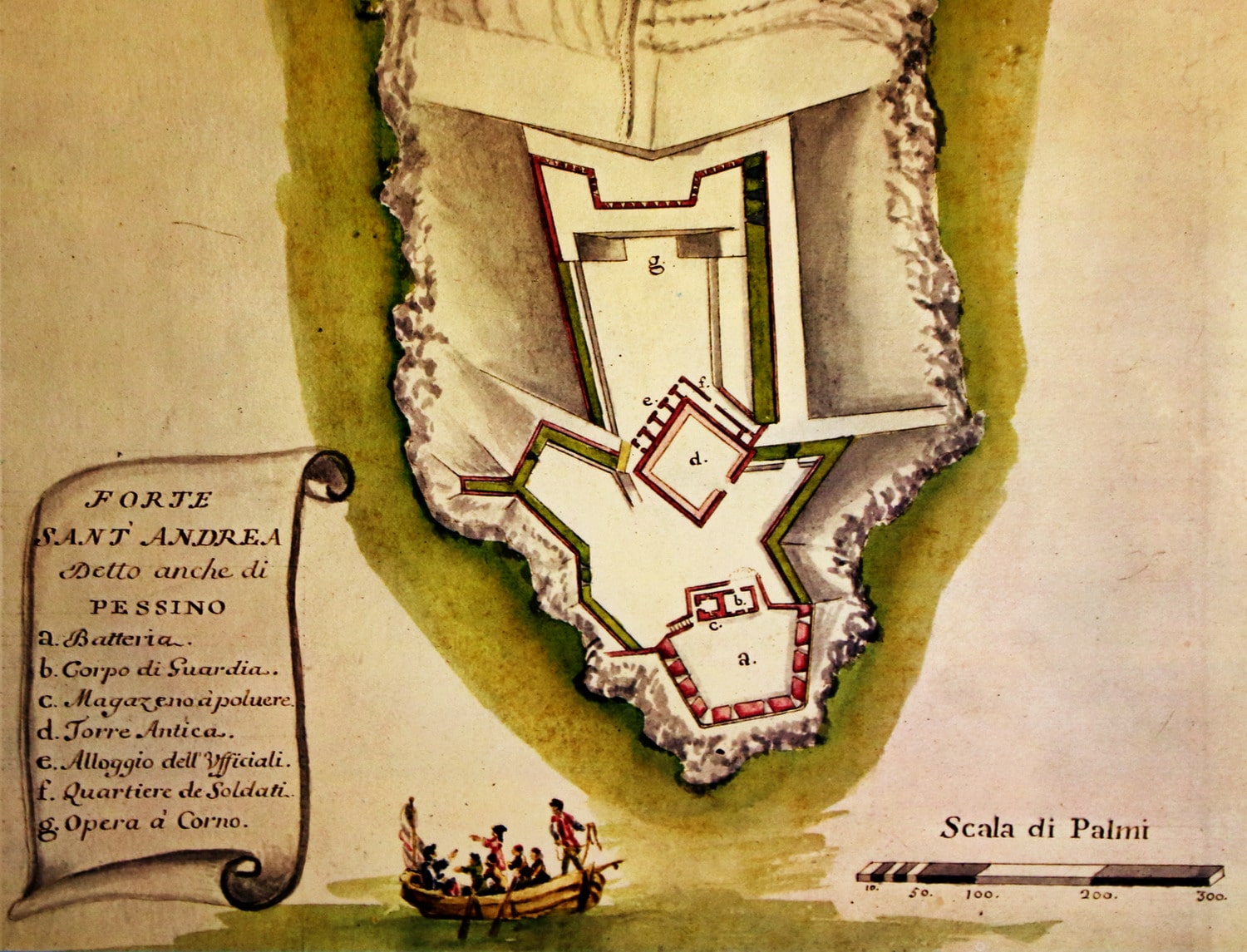 Matteo Vinzoni (1690-1773), “Forte Sant’Andrea detto anche di Pessino”, 1763, acquerello su carta (particolare rielaborato). Tratto da: Matteo Vinzoni, “Il Dominio della Serenissima Repubblica di Genova in Terraferma”, 1771. Genova (Liguria – Italia), Biblioteca Berio