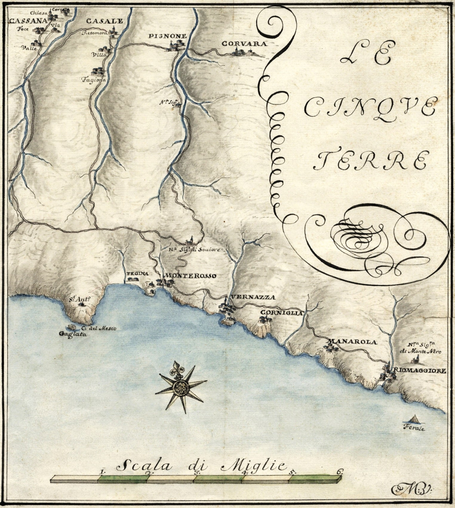 Matteo Vinzoni (1690-1773). “Le Cinque Terre: Monte Rosso, Vernazza, Corniglia, Manarola, e Riomaggiore”, terzo quarto del XVIII secolo, inchiostro e acquerello su carta. Genova (Liguria – Italia), Archivio di Stato di Genova