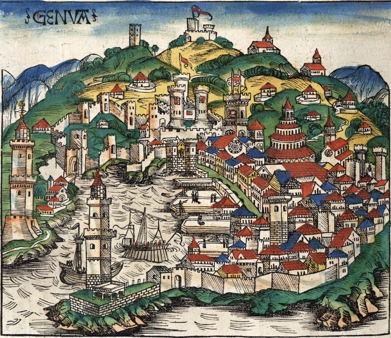 Michael Wolgemut (1434-1519), “Genua”, 1493, xilografia acquerellata. Tratta da: Hartmann Schedel (1440-1514), “Weltchronik”, Anton Koberger, Norimberga 1493. Monaco (Alta Baviera, Baviera – Germania), Biblioteca Nazionale Bavarese