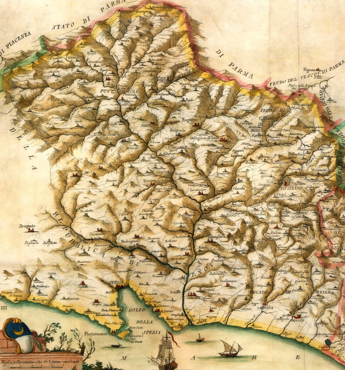 Orazio Ferdinando Morozzi (1723-1785). “Carta della Provincia della Lunigiana”, 1775, incisione in rame (particolare). Tratta da: Giovanni Targioni Tozzetti (1712-1783), “Relazione d’alcuni viaggi fatti in diverse Parti della Toscana per osservare le Produzioni Naturali, e gli Antichi Monumenti di essa”, Gaetano Cambiagi, Firenze 1775, t. VIII