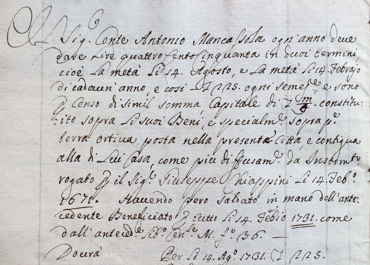 Piacenza, 1731-1752. “Censuale pel Benefizio Mancassola del fu Sacerdote Giuseppe Tonoli altre volte possessore di esso Benefizio. Comincia con l’anno 1731”. Particolare. Cremona (Lombardia – Italia), collezione privata