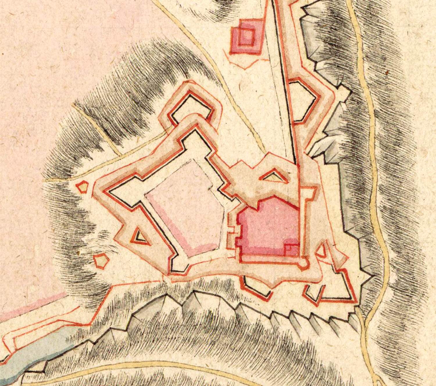 Anonimo (XVII-XVIII secolo), “Plan des fortifications de Tortone”, cinquantennio centrale del XVIII secolo, inchiostro e guazzo su carta intelata (particolare rielaborato raffigurante il Castello di Tortona).  Parigi (Île-de-France – Francia), Bibliothèque nationale de France, GED-6634