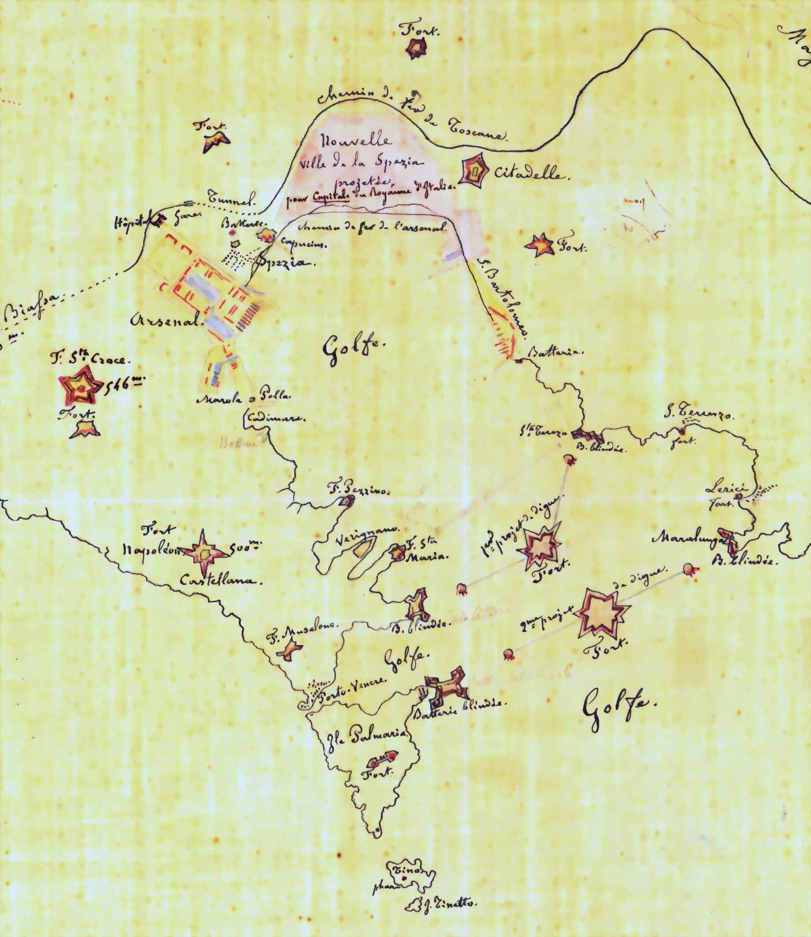 “Mappa delle fortificazioni progettate nel golfo della Spezia. 1863” [«Plan des fortifications projetées au golfe de la Spezia. 1863»], 1863, inchiostro e acquerello su tela (documento prodotto dal Vice Consolato di Francia alla Spezia [Vice-consulat de France à La Spezia] per il Ministero della Marina nazionale [Ministère de la Marine nationale] e destinato al Servizio idrografico della Marina [Service hydrographique de la Marine]: particolare rielaborato raffigurante le strutture militari della Spezia, di Lerici e di Porto Venere). Parigi (Île-de-France – Francia). Biblioteca nazionale di Francia [Bibliothèque nationale de France], Département Cartes et plans