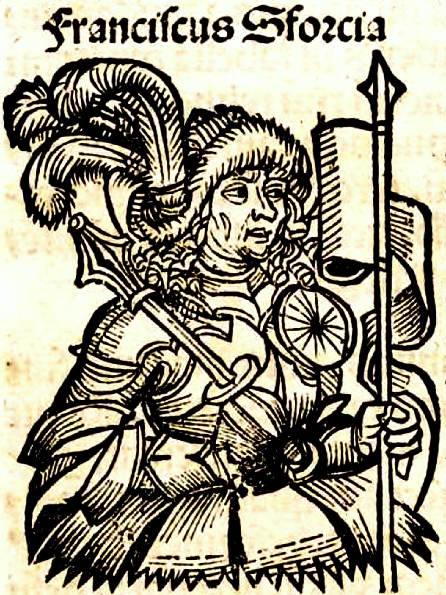 Wilhelm Pleydenwurff (1460-1494), “Franciscus Sforcia”, 1493, xilografia. Tratta da: Hartmann Schedel (1440-1514), “Weltchronik”, Anton Koberger, Norimberga 1493. Düsseldorf (Renania Settentrionale-Vestfalia – Germania), Biblioteca Universitaria e Statale